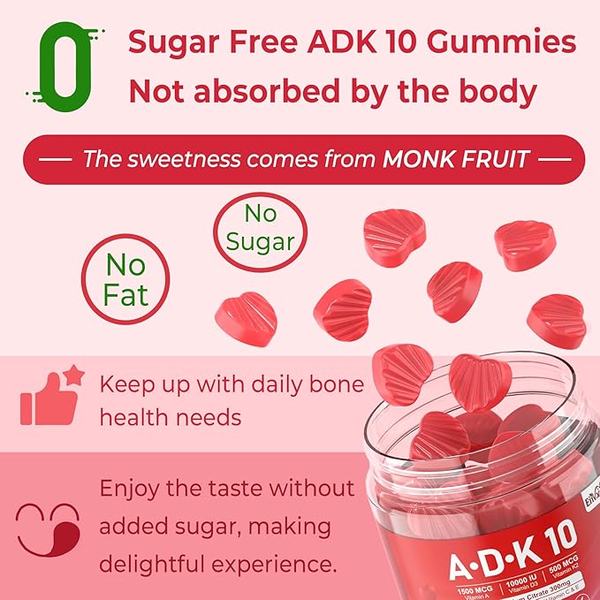 Vitamin A D3 K2 Gummies 5000IU / 10,000 IU D3 with Calcium Magnesium Zinc, ADK 10 Vitamin Supplement K2 MK-7 500mcg for Calcium Absorption, Increase Bone Density, Muscle, Teeth, Immune Health, 2Packs