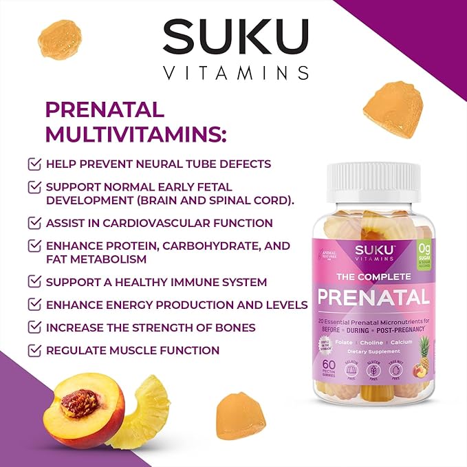 Complete Prenatal - Enriched with Calcium, Vitamin K2, Vitamin B12 and More Gummies - Easy to Chew - Non GMO, Gluten Sugar Free - Pineapple Peach Flavored Gummy Vitamins, 60 Count