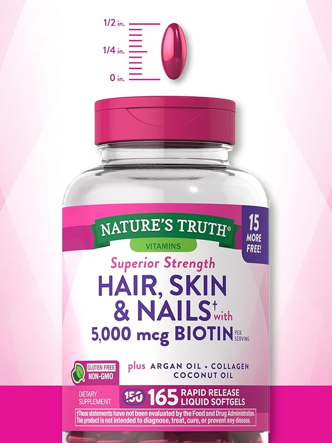 Nature's Truth Hair, Skin & Nails Vitamin | 5000mcg Biotin | 165 Softgels | with Collagen | Non-GMO & Gluten Free Supplement (Pack of 2)