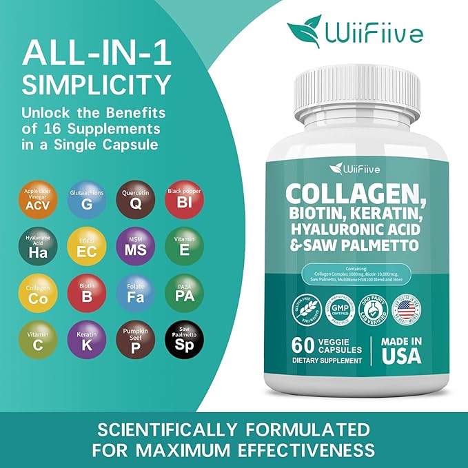 Collagen 1000 mg Biotin 10000 mcg Kerarin Blend 500mg Saw Palmetto 2500mg Folate 1000 mcg with Hyaluronic Acid Vitamin C E Paba Keratin MSM Quercetin Mineral Supplements, 60 Capsules