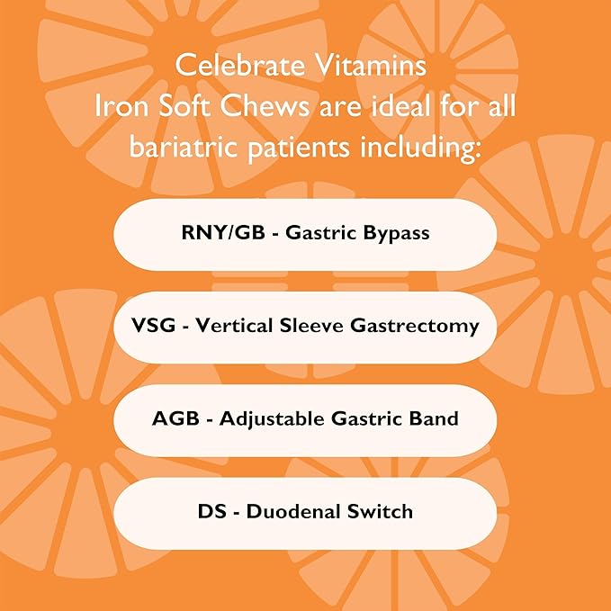 Celebrate Vitamins Iron Supplement with Vitamin C - 60mg Iron, 60mg Vitamin C, Bariatric Vitamins for WLS Patients, Vertical Sleeve & Gastric Bypass Surgery - Citrus, 30 Soft Chews
