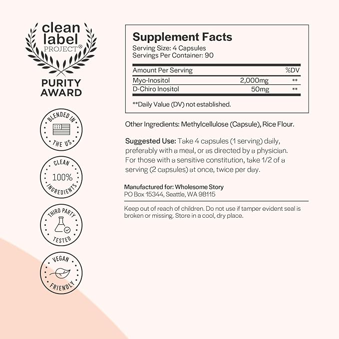 Wholesome Story Inositol Supplement | Myo Inositol & D-Chiro Inositol 2050mg | Hormonal Balance & Ovarian Support | 90 Day Supply