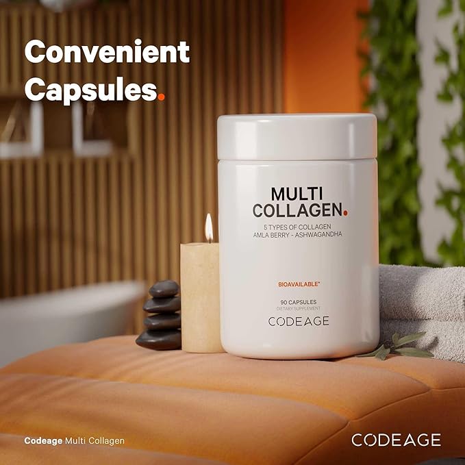 Codeage Multi Collagen Peptides Protein Capsules, 5 Collagen Types, Grass-Fed & Hydrolyzed Bovine Collagen Pills Supplement, Ashwagandha, Amla Berry Vitamins, Collagen Peptides - 2-Pack