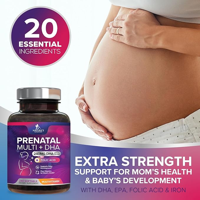 Women's Prenatal Multivitamin with Folic Acid + DHA, Prenatal Vitamin Supplement for Fetal Support w/Folate, Omega 3, Vitamins D3, B6, B12 & Iron, Pregnancy Prenatal DHA, Non-GMO - 240 Softgels
