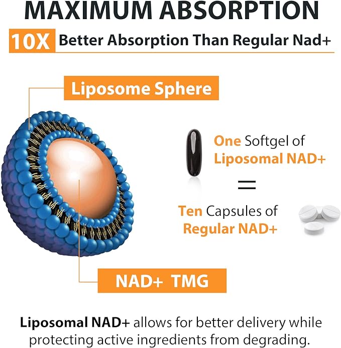 Liposomal NAD+ Supplement 500 mg, High Absorption, Boost NAD+ with TMG 250 mg, Actual NAD Plus More Efficient Than Nicotinamide Riboside, Support Cellular Energy, Healthy Aging | 360 Softgels