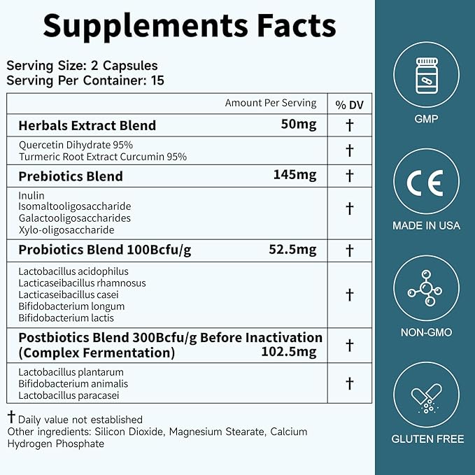 Probiotics Women Men Gut Health: Digestive Health Immune Support Bloating Relief Shelf Stable Strains 35B CFUs per Capsule Complex with Prebiotics Postbiotics Quercetin & Curcumin Supplement