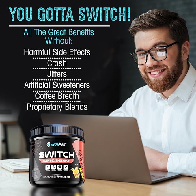 CoreBody Switch Energy Drink Mix -Nootropics Brain Support Supplement for Memory & Focus, Sugar Free Energy Booster with Nootropics, Alpha GPC, All Day Energy and Focus* (Tropical Punch)