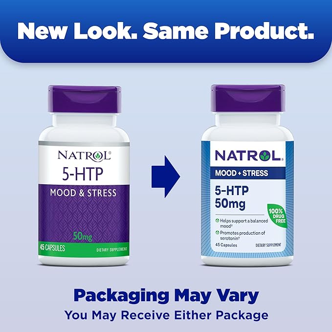 Natrol Mood & Stress 5-HTP 50mg, Dietary Supplement Helps Support a Balanced Mood, 45 Capsules, 11-45 Day Supply