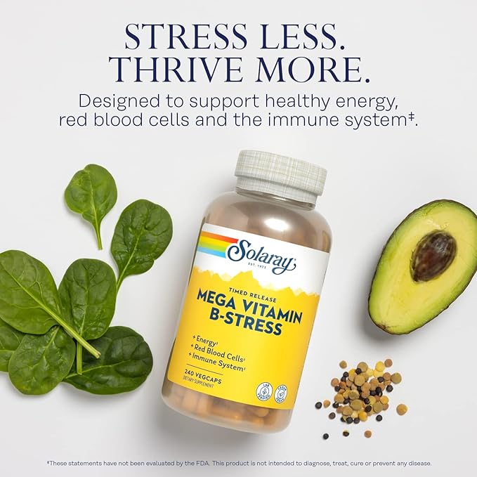 SOLARAY Mega Vitamin B-Stress - Timed Release Vitamin B Complex w/Vitamin B12, B6, Folic Acid, VIT. C - Stress, Energy, Red Blood Cell, Immune Support - Vegan, 60-Day Guarantee (240 CT)