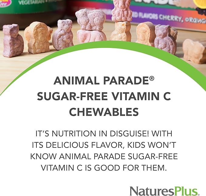 Natures Plus Animal Parade Sugar-Free Children's Vitamin C, Natural Orange Juice Flavor - 90 Chewable Animal Shaped Tablets - Immune Support - Gluten Free - 45 Servings