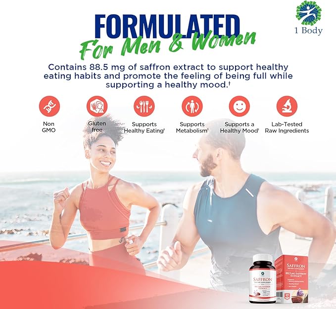 1 Body Saffron Extract 8825 – Antioxidant & Mood Support Saffron Supplement – 88.5 mg of Pure Safranal per Vegetarian Capsule