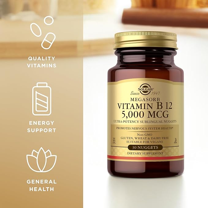 Solgar Vitamin B12 5000 mcg - 30 Nuggets - Promotes Nervous System Health - Non-GMO, Vegan, Gluten & Dairy Free - 30 Servings