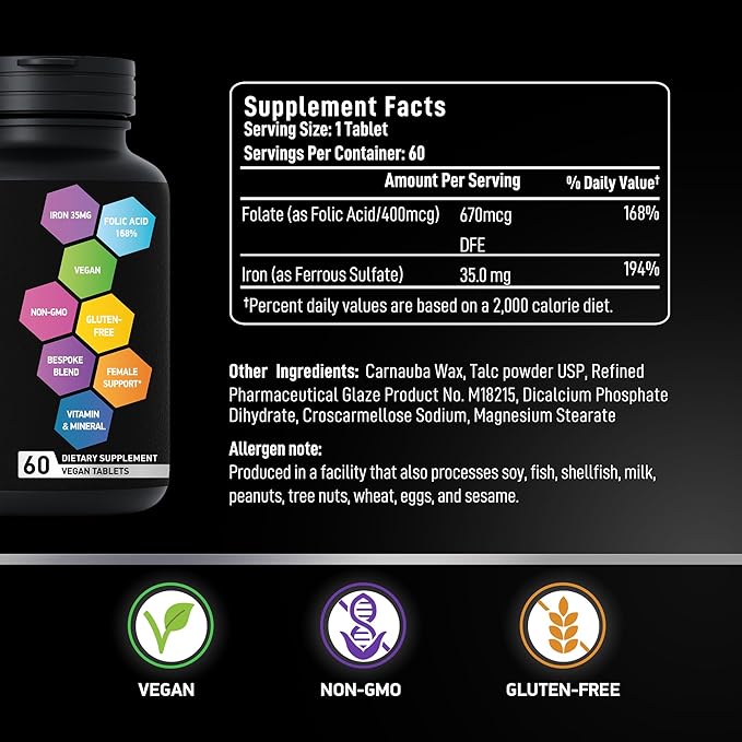 Vegan Iron Supplements for Women with Folic Acid - 168% Folate Folic Acid, 194% Ferrous Sulfate Blood Builder Iron Pills for Women with Anemia and Pregnant Women - 2-Pack, 120 Gentle Iron Tablets