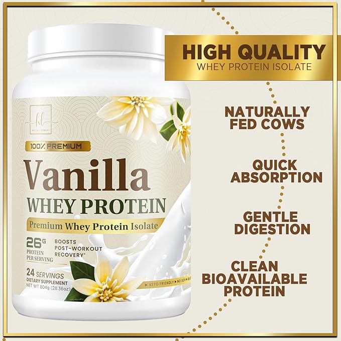 Whey Protein Powder, Creamy Vanilla Whey Isolate with 26g Protein & BCAAs - Support Muscle Growth, Recovery & Fitness - Gluten Free, Fast Absorbing, Easy Digesting for Women & Men - 24 Servings
