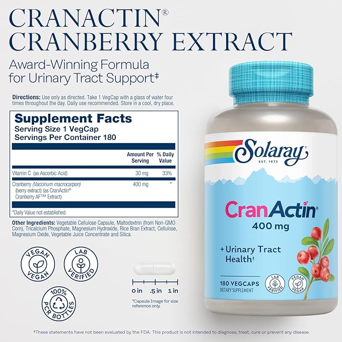 SOLARAY CranActin Cranberry Extract 400 mg - Cranberry Supplements for Women and Men - Bladder and Urinary Tract Health Support with Vitamin C - Vegan, 60-Day Guarantee, 180 Servings, 180 VegCaps