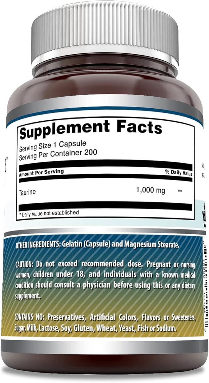 Amazing Formulas Taurine 1000 Mg per Serving 200 Capsules Amino Acid Supplement | Non-GMO | Gluten Free | Made in USA