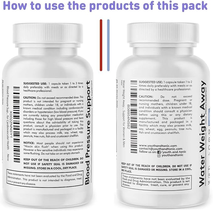 Youth & Tonic Daily Water Weight Away Pills and Blood Pressure Support Supplements/Natural Diuretics for Water Retention & BP Capsules to Maintain a Good Circulatory Health / 60 CPS for Women & Men