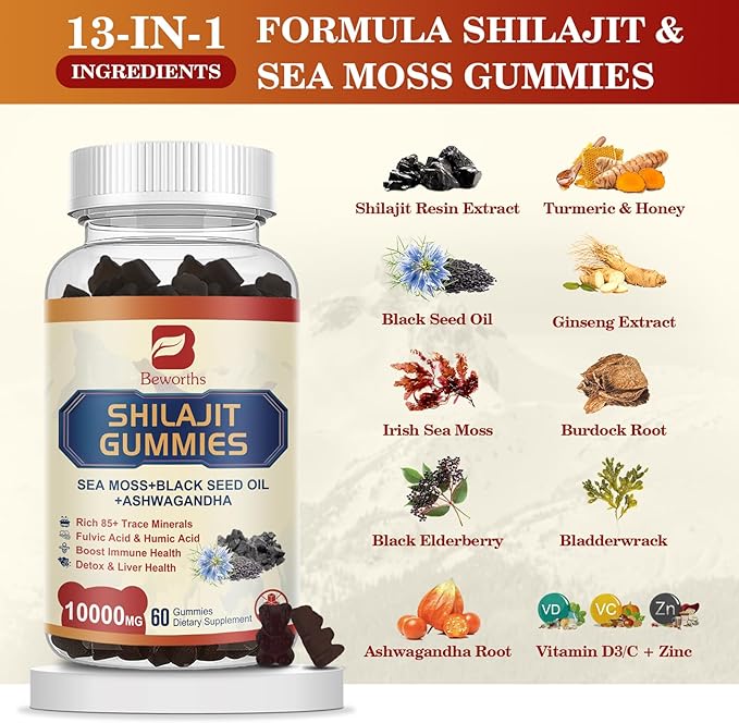 2Pack Shilajit Resin Gummies, Shilajit Sea Moss Supplement with Black Seed Oil, Ashwagandha Ginger, Panax Ginseng, Honey, Shilajit Resin with 85+ Trace Minerals & Fulvic Acid for Energy, Immune Health