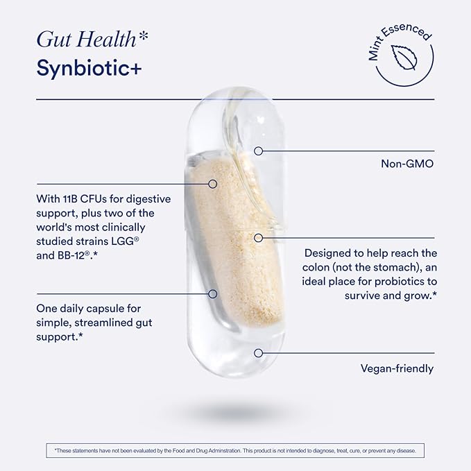 Ritual Synbiotic+ Prebiotic, Probiotic, Postbiotic, 3-in-1 Formula for Gut and Digestive Health, Regularity, Bloat, Immune Support, Vegan Delayed-Released Capsule, Probiotics for Women and Men, 30 Day
