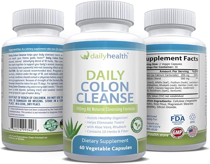 Daily Colon Cleanse 700mg All Natural 10 Herbs, Vegan Friendly 180 Capsules Fiber, Alfalfa, Aloe Vera, Rhubarb, Gentian, Buckthorn, Goldenseal, Lactobacillus acidophilus