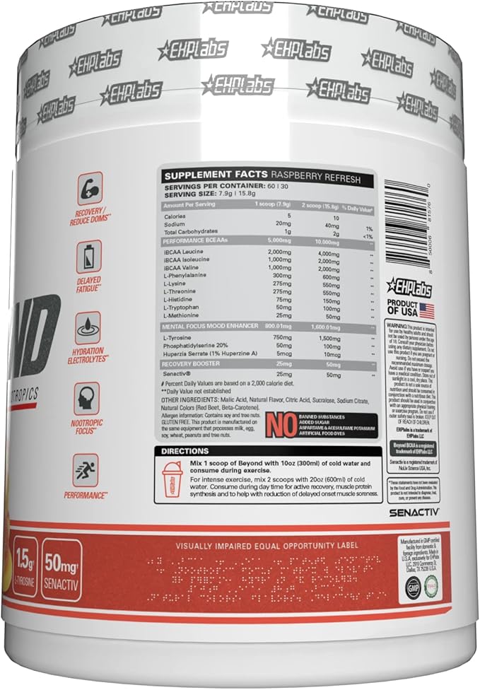 EHP Labs Beyond BCAA Powder Amino Acids Post Workout Recovery - BCAAs Essential Amino Acids EAA Supplements Powder - 10g Amino Acids Supplement for Muscle Recovery - 60 Servings (Peach Candy Rings)