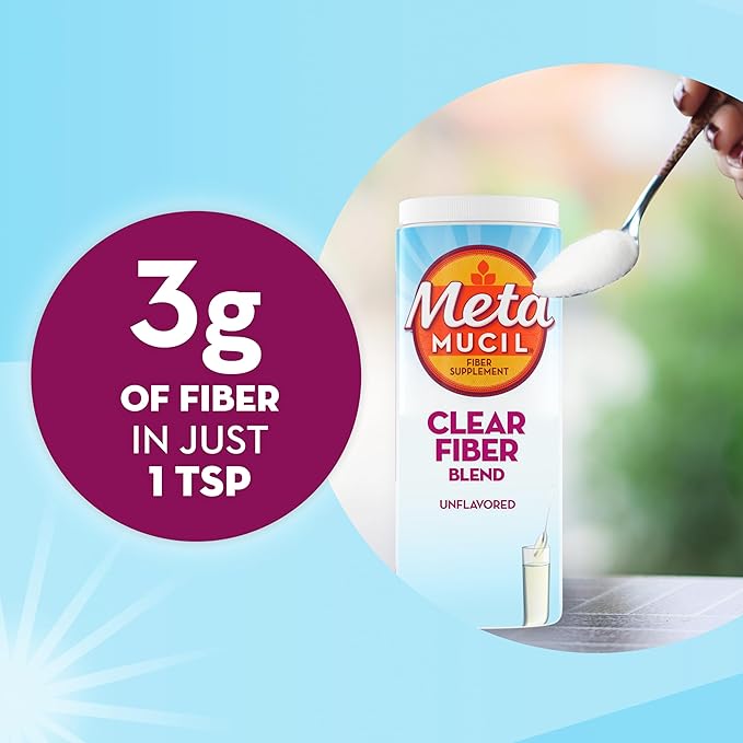 Metamucil Fiber Supplement, Unflavored Clear Mixing Powder, No Grit, No Sugar Added, Plant Based Prebiotic Fiber Blend for Daily Digestive Health, 75 teaspoons