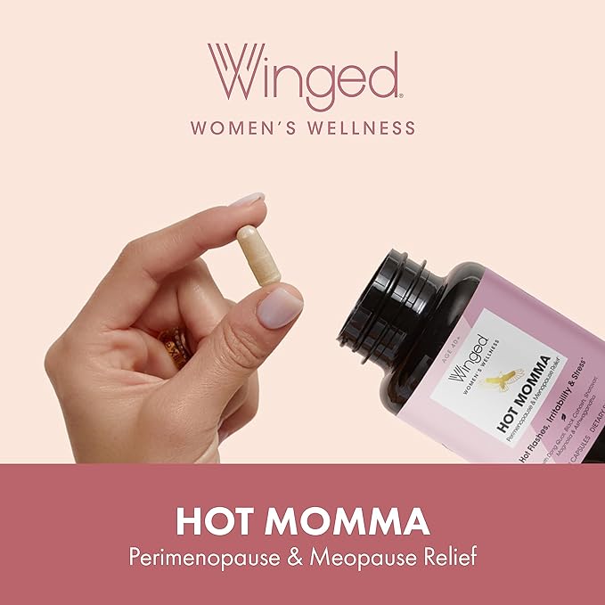 Winged Wellness Hot Momma | Menopause Capsules for Women | Hormone Balance, Hot Flashes, Night Sweats, Sleep, Mood & Bone Health | Chaste Tree, Dong Quai, Black Cohosh, Vitamins D & K-2 | 60ct