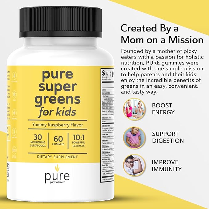 Super Greens Multivitamin Gummies for Kids - Immune Support & Digestive Health - Daily Fiber Probiotic Supplement - Fruit & Veggie Chewable Gummy - Raspberry Flavor - 60-Day Supply