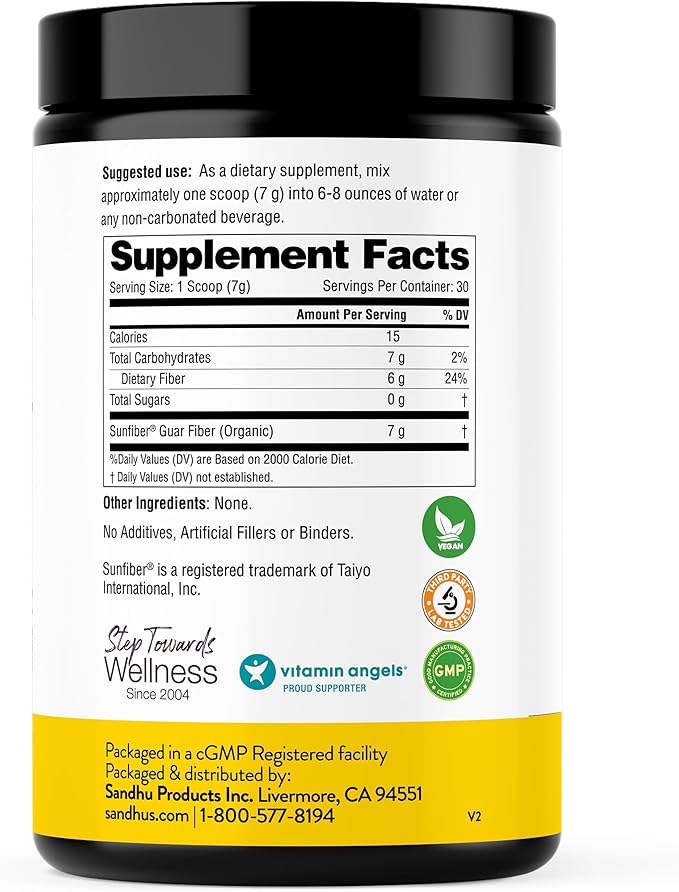 Sandhu's Prebiotic Fiber Supplement Powder –30 Servings- SunFiber® –Low FODMAP Unflavored Supplement for Digestive & Colon Health –- Gluten Free Powder – Supports Gut Health in Men & Women