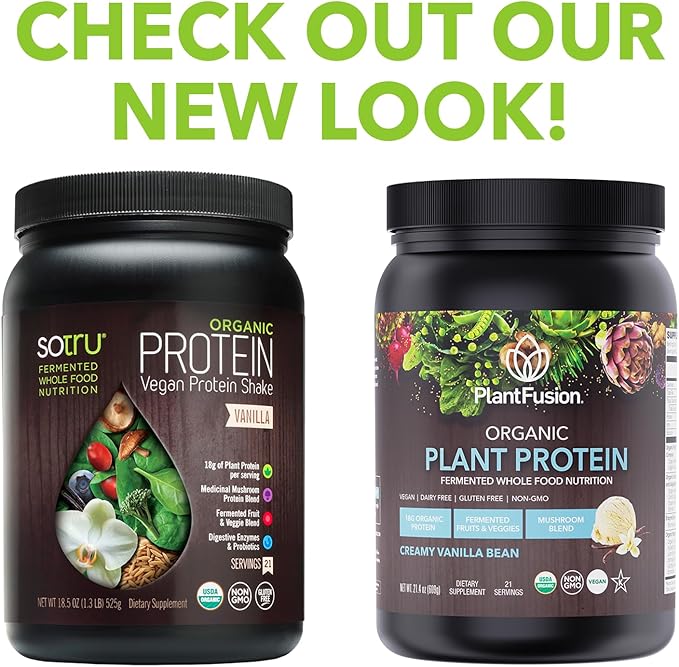 SOTRU Organic Vegan Protein Powder - Whole Food, Plant Based Protein Powder with Green Superfoods, Enzymes & Probiotics - USDA Certified Organic, Non-GMO, Gluten-Free - Vanilla 18.5 oz, 21 Servings