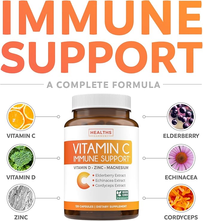 Vitamin C Immune Support Supplement - Immunity Boost Blend with Elderberry Vitamin C and Zinc for Daily & Seasonal Support - Immunity Supplement with Magnesium Zinc Vitamin C and D (2 Months Supply)