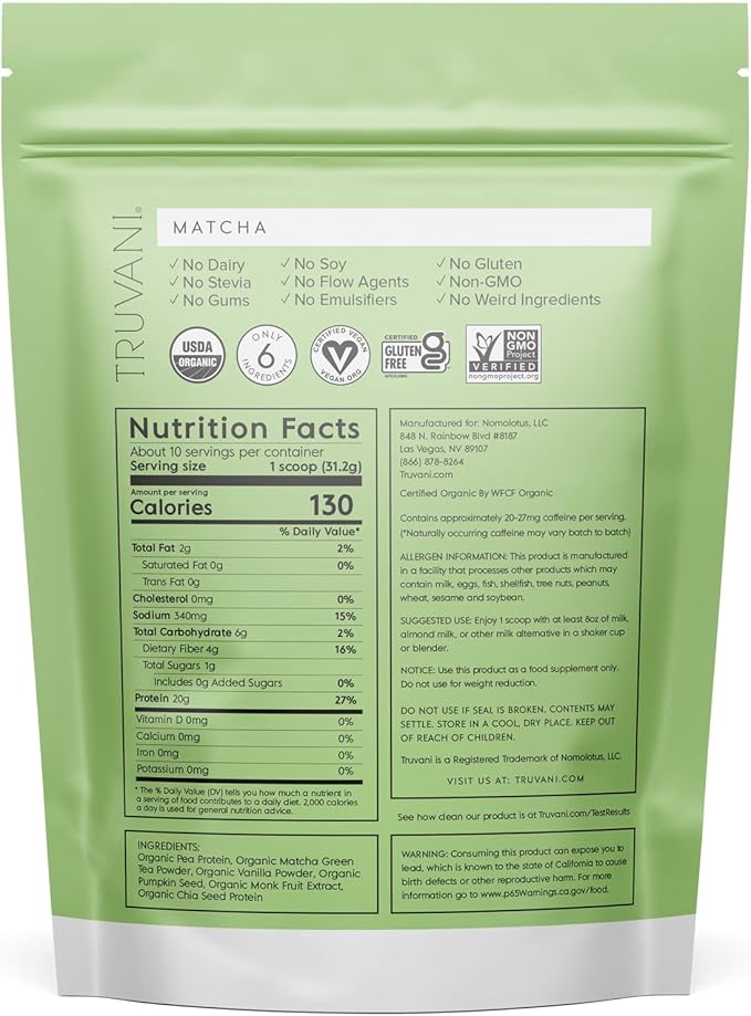 Truvani Vegan Pea Protein Powder | Matcha | 20g Organic Plant Based Protein | 10 Servings | Keto | Gluten & Dairy Free | Low Carb | No Added Sugar