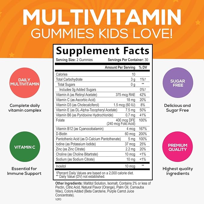 Vitamins for Kids Multivitamin Gummy, Childrens Vitamins Sugar-Free, Overall Health & Immune Support, Vitamin C, B6, B12, D3 & Zinc, Chewable Kids Multi Supplement, Orange Flavor, Non-GMO - 60 Gummies