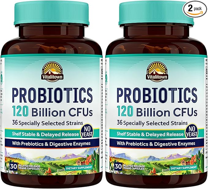 Vitalitown Probiotics 120 Billion CFUs | 36 Strains, with Prebiotics & Digestive Enzymes for Men Women | Shelf Stable | Digestive & Immune Support | Vegan | 60 Delayed Release Veg Caps