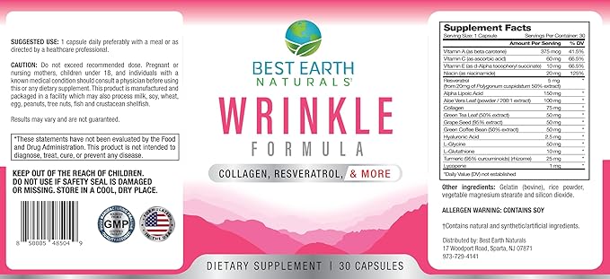 Best Earth Naturals Wrinkle Formula with Hyaluronic Acid, Niacinamide, Multi Vitamin, Collagen for Women or Men - Skin Vitamins Supplement -30 Day Supply (30 Capsules)