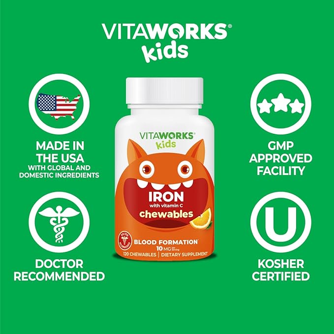 Kids Iron 10mg with Vitamin C 50mg Chewable Tablets - Tasty Natural Flavored - Vegan, Vegetarian, GMO-Free, Nut Free - Dietary Iron Supplement - Blood Formation for Children - 120 Chewables