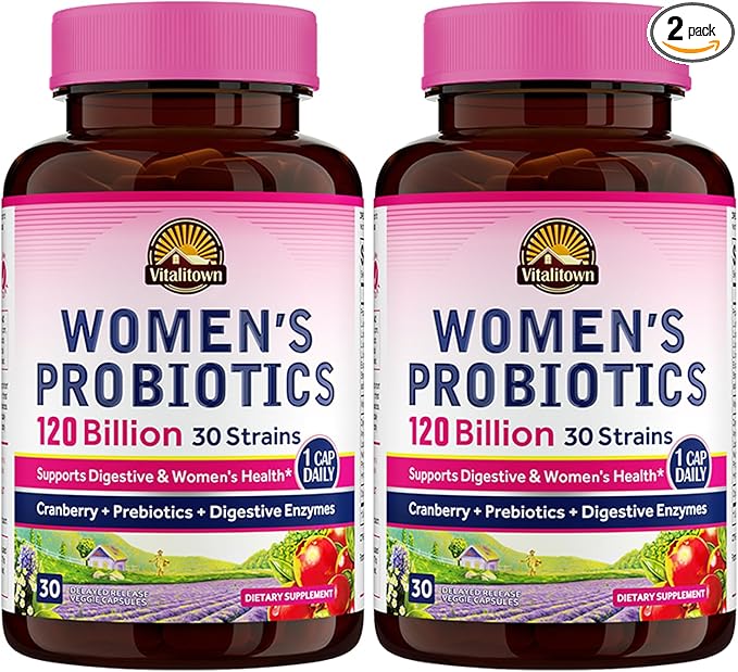 Vitalitown Women's Probiotics 120 Billion CFUs 1 Daily, 30 Strains, with Prebiotics & Digestive Enzymes & Cranberry, Gut & Vaginal Health, Vegan 60 Delayed Release Caps