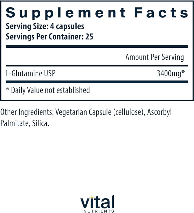 Vital Nutrients Glutamine | 3400mg L-Glutamine | Healthy Gastrointestinal Tract Function | Gluten, Dairy, Soy Free | Non-GMO | 90 Glutamine Capsules