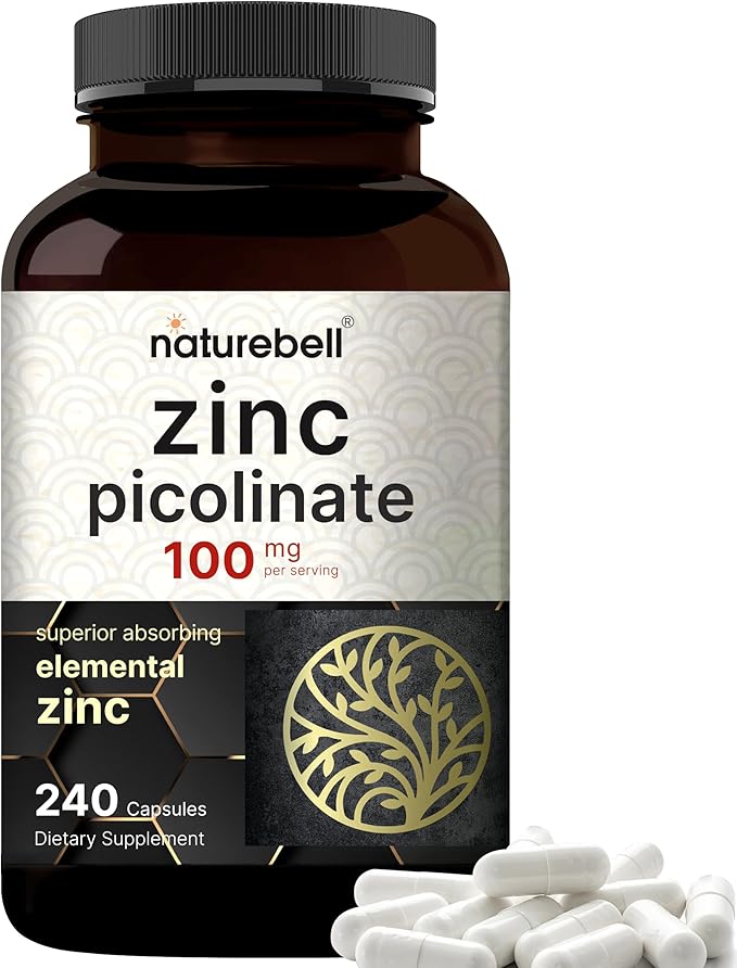 NatureBell High Potency Zinc Picolinate 100mg - 240 Capsules, Bioavailable Form of Zinc for Immune Support and Skin Health - Non-GMO and Gluten- Zinc Supplements