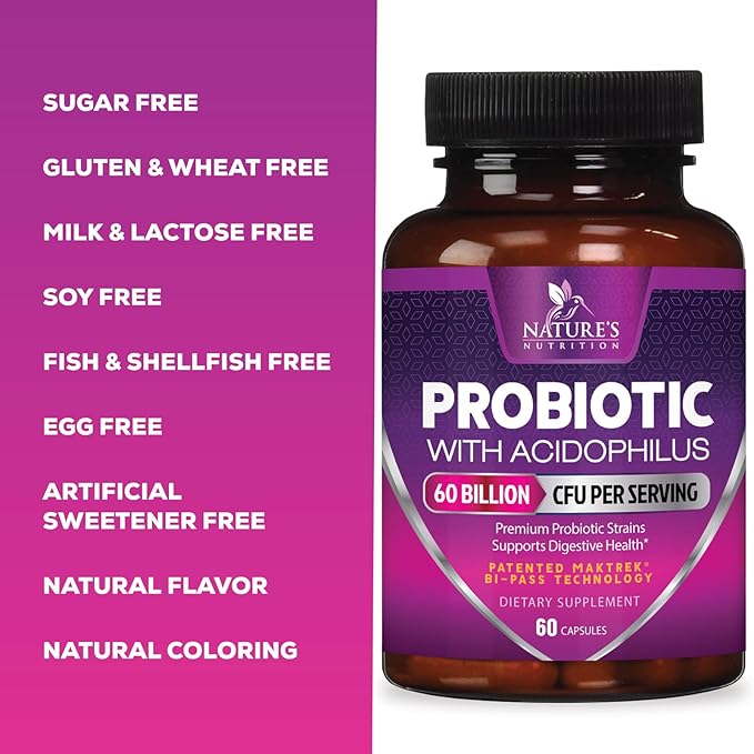 Probiotics 60 Billion CFU per Serving - 10 Strains + Prebiotics - Immune, Digestive & Gut Health Support, Supports Occasional Constipation, Gas & Bloating for Women & Men, Shelf Stable - 60 Capsules