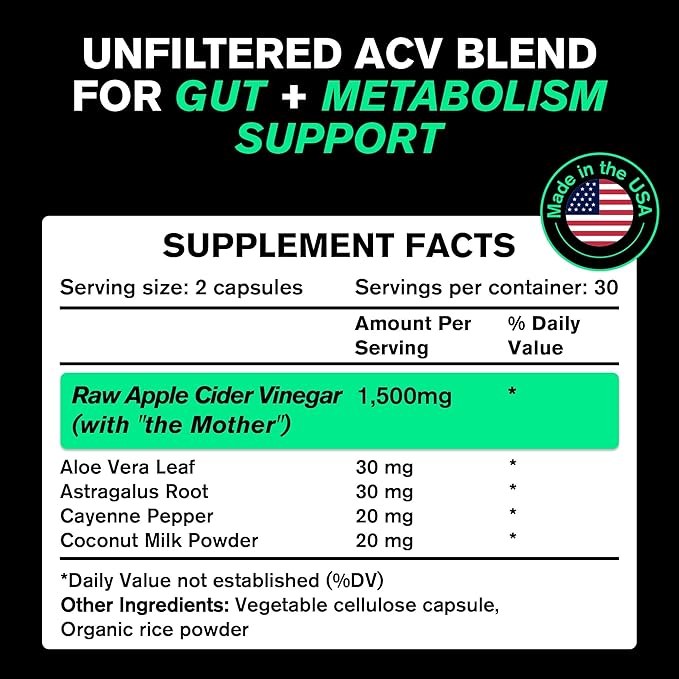 Organic Apple Cider Vinegar Capsules with The Mother - Energy Help Plus Heart, Gut, and Immune Health Support - Gluten Free, Dairy Free - Raw Probiotic and Prebiotic - Vegan ACV, Astragalus Root