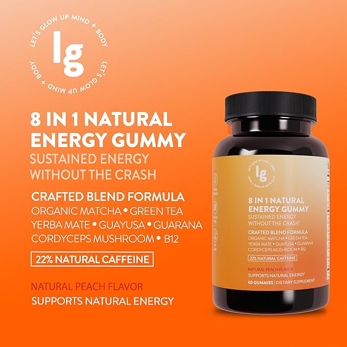8-in-1 Natural Energy Gummies, Vitamin B12, Sleep Gummies, Womens Multivitamin Gummy, Energy Chews, Vitamin C Gummies, Running Gummies, Peach Flavor, Energy Supplements, 22% Caffeine, 60 Count