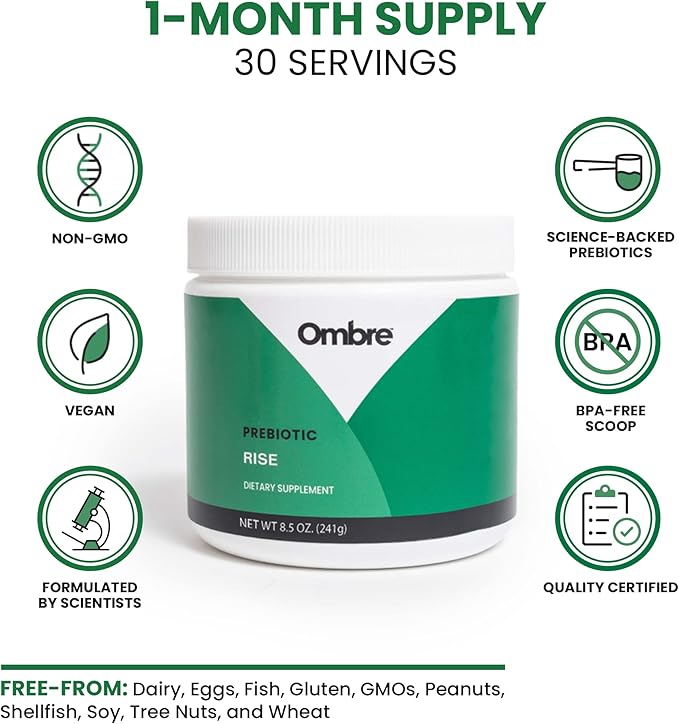 Ombre Rise Prebiotic Powder Fiber Supplement, Supports Digestive Regularity and Overall Wellness, Water Soluble, Fast-Absorbing, & Gentle on Stomach, Shelf-Stable, 8.5-Ounce Tub, 30 Servings