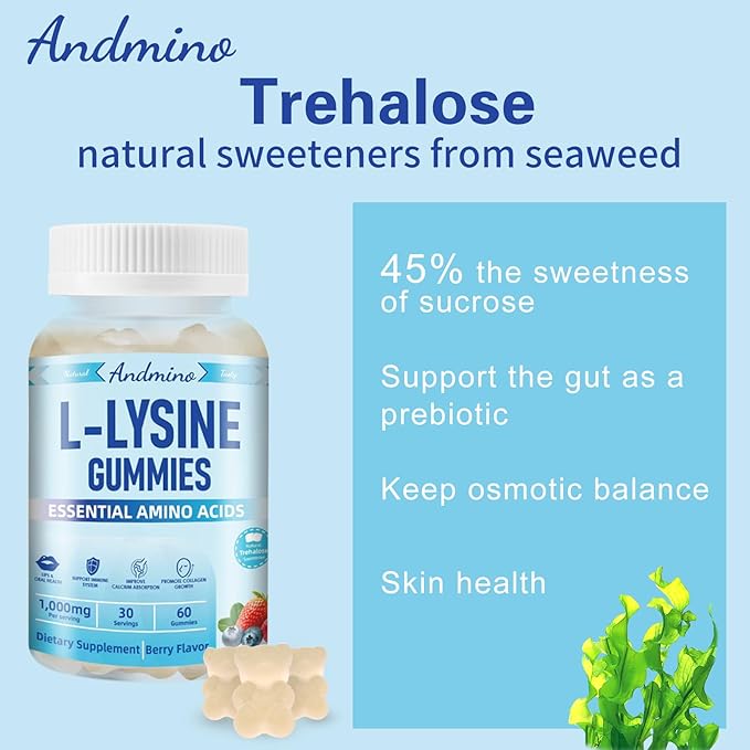 L-Lysine Gummies 1000 mg, with Trehalose, L Lysine Gummies for Lips & Oral Health, Boost Immune & Collagen & Calcium, for Adults & Kids, Non-GMO, Vegan, Gluten Free, Berry Flavor, 60