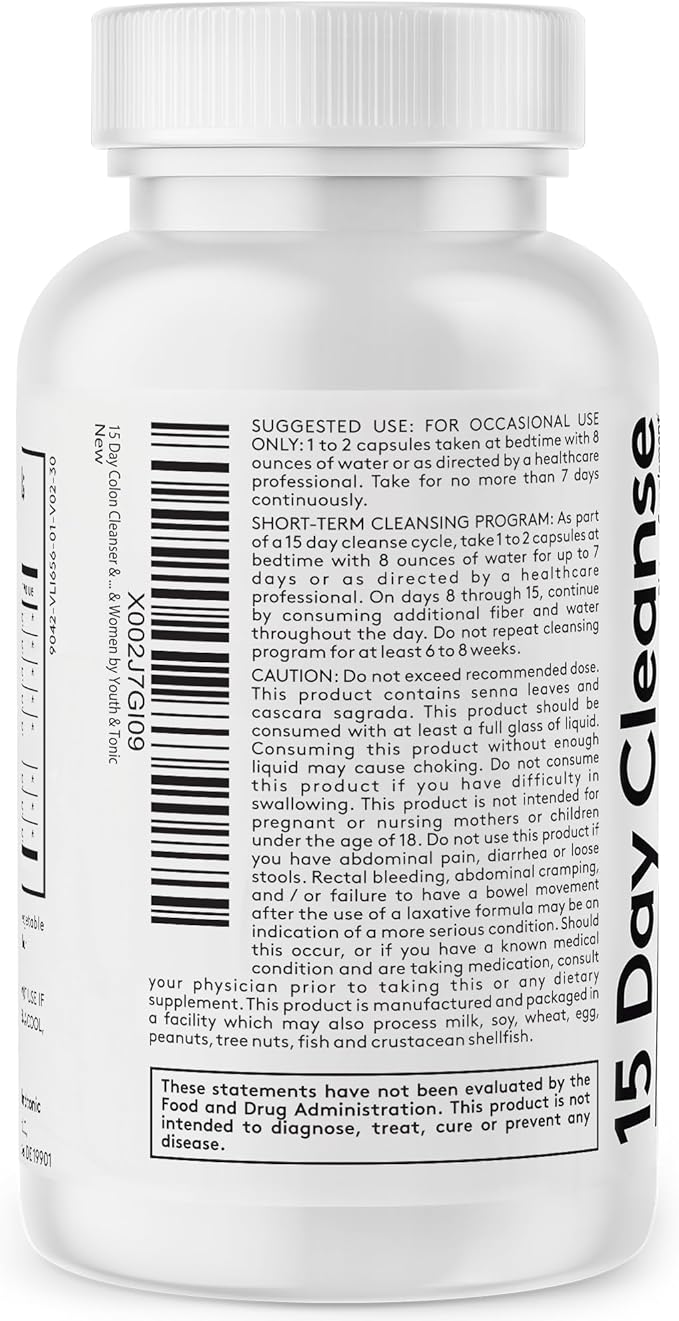 Youth & Tonic Diuretic Full Body Cleanse Detox Pills for Bloating, Puffiness and Swelling, System Flush for Colon, Kidney and Liver Detoxing, 30 Day Supply with Green Tea, Senna, Dandelion, Cranberry