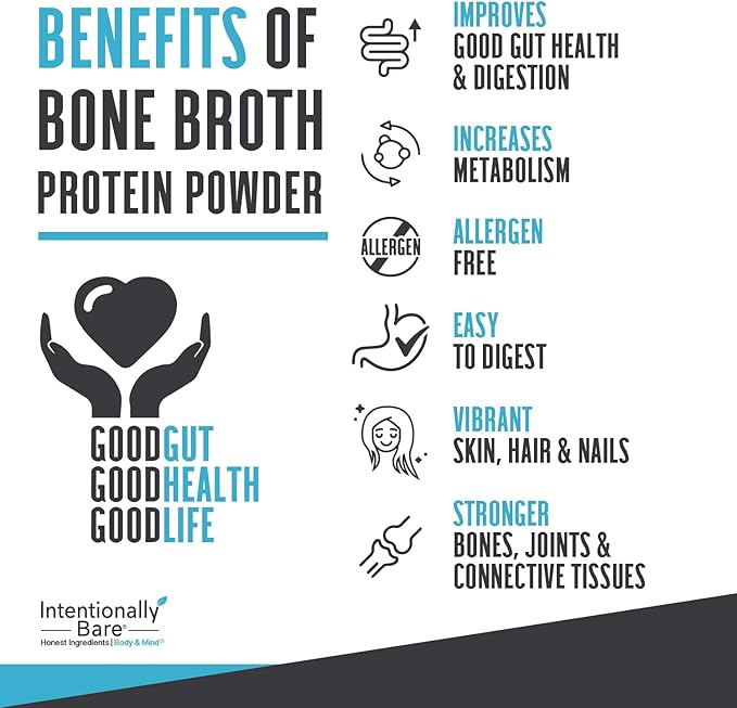 Intentionally Bare Bone Broth Collagen Peptides Powder Unflavored - Dairy Free Collagen Peptide Powder Type 1 & 3 - Pasture Raised & Grass Fed Collagen Protein Powder for Gut & Joints - 20 Servings