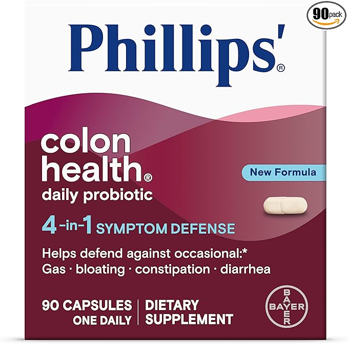 Phillips' Colon Health Daily Probiotic Capsules, 4-in-1 Symptom Defense to Help Defend Against Occasional Gas, Bloating, Constipation, and Diarrhea, Daily Supplement, 90 Count