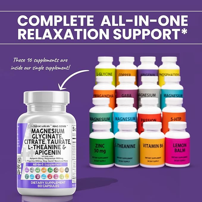 Magnesium Glycinate Complex 1000mg with L-Theanine 200mg Apigenin 50mg Citrate Taurate Supplement - 5-HTP GABA Passion Flower Lemon Balm L-Glycine Phosphatidylserine Ashwagandha - 60 Count