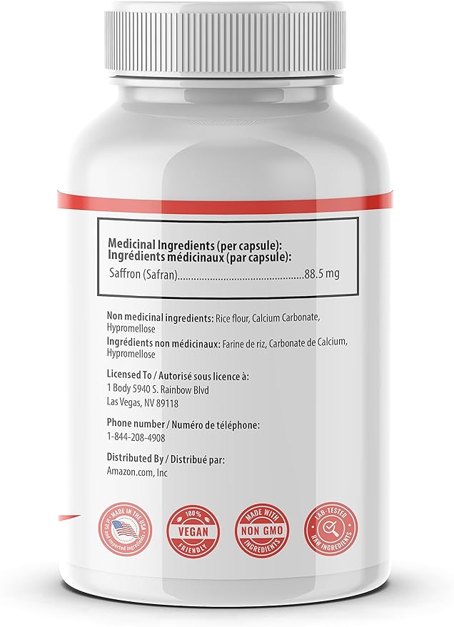1 Body Saffron Extract 8825 – Antioxidant & Mood Support Saffron Supplement – 88.5 mg of Pure Safranal per Vegetarian Capsule