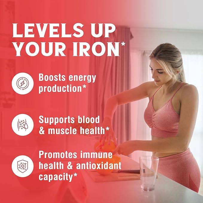 Iron Supplement, 65mg Carbonyl Iron with 250mg Vitamin C, Stomach Friendly Iron Pills for Blood Building Women & Men, High Absorption, No Nausea, No Constipation, Non-GMO, No Gluten, 60 Vegan Tabs
